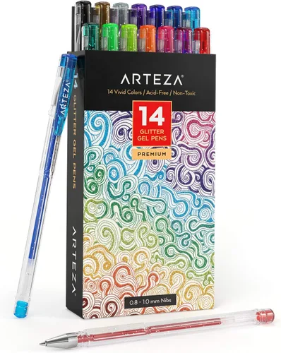 Vista 6 de Arteza Juego de 14 bolígrafos de gel metálicos, puntas de 0.031-0.039 in, bolígrafos de colores brillantes y vivos, suministros de arte para álbumes