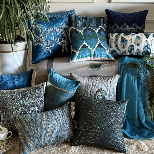 Vista 51 de The HomeCentric Funda de almohada con cremallera, funda de cojín azul de 12 x 12 pulgadas, funda de cojín de algodón bordado para sofá, diseño
