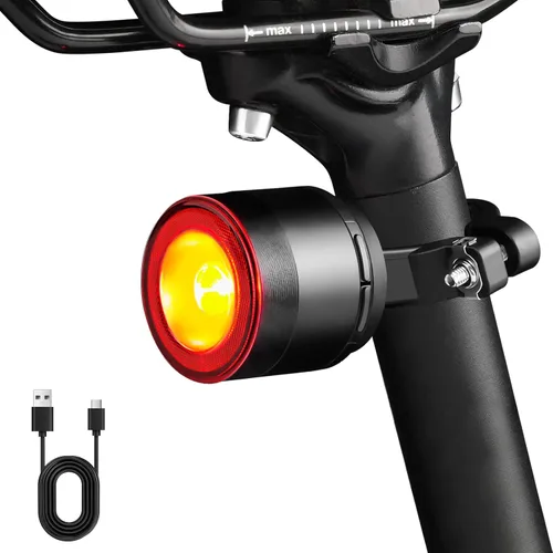 Vista 11 de Luz trasera de bicicleta de brillo variable, luz trasera de bicicleta con detección de freno, 800 mAh USB-C recargable, 4 modos de iluminación, IPX6