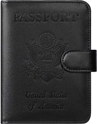 Vista 22 de Funda para pasaporte, cartera con bloqueo RFID, funda de piel para tarjetas, accesorios de viaje para mujeres y hombres, negro