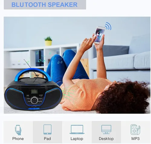 Vista 6 de Reproductor de CD Boombox, LP-D02 portátil Bluetooth FM Radio Sistema de sonido estéreo con sonido cristalino, reproducción de MP3, entrada USB