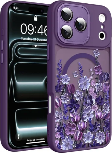 Vista 64 de Magnético para iPhone 13 con protector de pantalla [Compatible con MagSafe] Diseño de patrón floral de flores bonitas, funda delgada a prueba