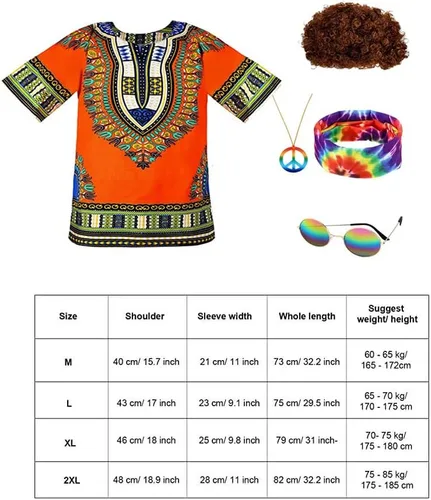 Vista 6 de SpeedBeauty Hippie 5 piezas de disfraz de Halloween para hombre de los años 60 y 70 camiseta afro peluca accesorios para fiesta cosplay