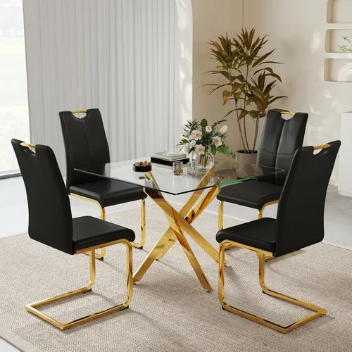 Vista 12 de 36-Inch Square Glass Dining Table Set with 4 Faux Leather High-Back Chairs - Modern Metal Cross-Leg Table with Comfortable C-Leg Seats for Modern