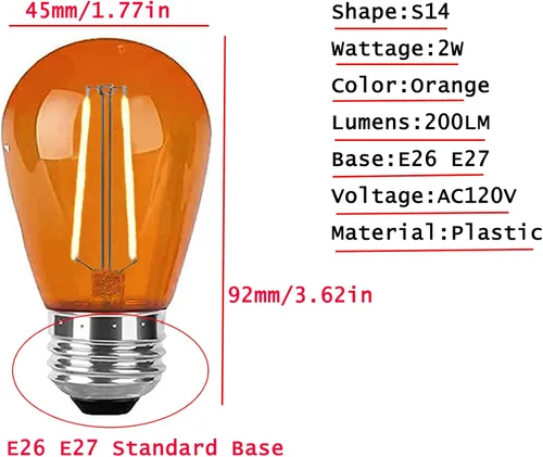 Vista 2 de Paquete de 15 bombillas LED S14 naranja, base E26 inastillable de plástico de 2 W, luz nocturna para cadena de luces, bombilla vintage impermeable