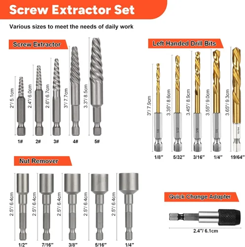 Vista 5 de THINKWORK Extractor de tornillos de 16 piezas, kit de extractor de pernos en espiral, juego de brocas para mano izquierda, brocas inversas