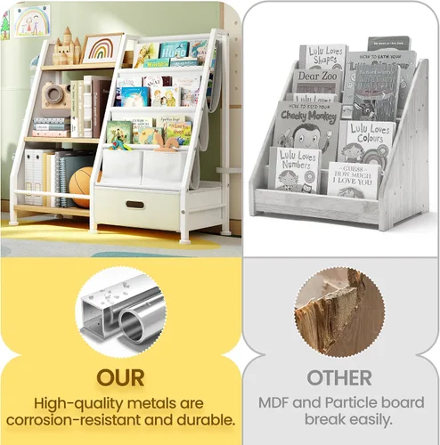 Vista 7 de Estantería infantil y organizador de almacenamiento de juguetes: estante para libros para habitación de niños con cajón para almacenar libros