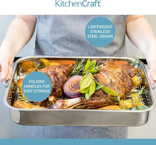 Vista 7 de KitchenCraft Recipiente para asar con estante, acero inoxidable, grande, 16.9 x 12.2 in, color plateado