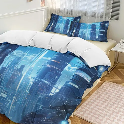 Vista 23 de Art Duvet Cover Full Size, Ultra Soft Microfiber Night Scenery Bedding Set, 3 Pieces City View Pattern Comforter Cover Set with Zipper Closure