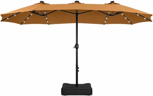 Vista 18 de PHI VILLA Sombrilla de patio grande de 15 pies con base y luces solares, paraguas rectangular de doble cara para exteriores con 36 luces LED, Beige