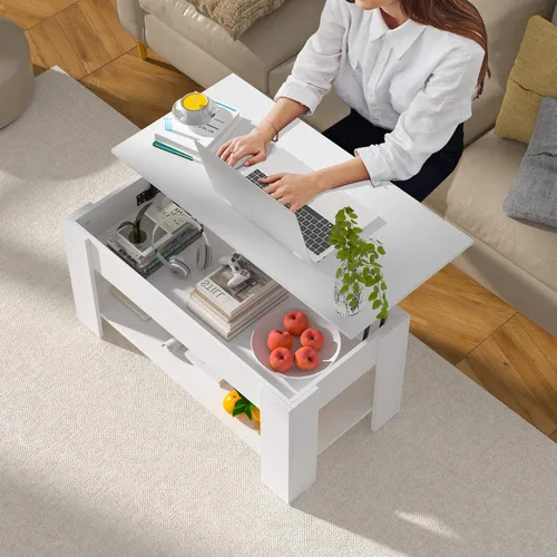 Vista 3 de Mesa de centro elevable con almacenamiento para sala de estar, mesa consola de madera rústica, mesa de té central de escritorio oculta para muebles