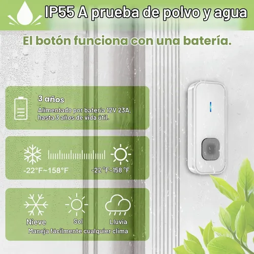 Vista 3 de Timbre inalámbrico, timbre impermeable que funciona a un alcance de 1300 pies con 55 tonos de llamada, 5 niveles de volumen y modo silencioso
