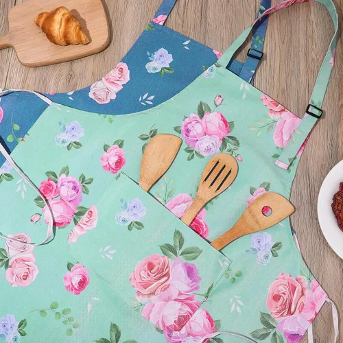 Vista 7 de Paquete de 2 delantales florales para mujer con bolsillos, delantal de cocina ajustable para cocinar, hornear, jardinería, manualidades