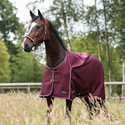 Vista 4 de HORZE Glasgow - Sábana de caballo ligera impermeable (sin relleno), color borgoña, 69 pulgadas