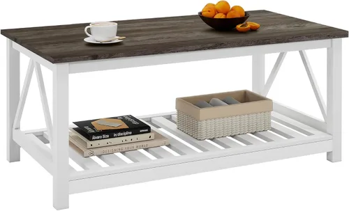 Vista 7 de Mesa de café de granja, mesa de café de roble blanco para sala de estar, mesa de centro rectangular de madera de 2 niveles con estante de listones