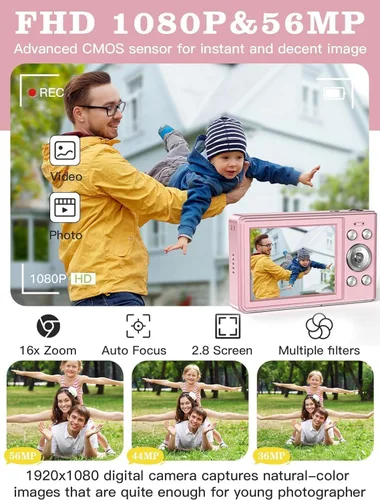 Vista 2 de Cámara digital actualizada, cámara FHD 1080P de 56 MP para niños con zoom de 16 x antivibraciones, cámara para niños con tarjeta TF de 32 GB, dos