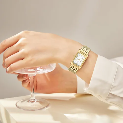 Vista 6 de Relojes para mujer, pulsera vintage, esfera romana, caja rectangular, reloj dorado, impermeable, con herramientas