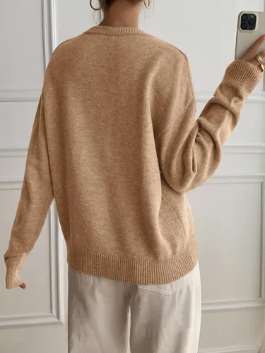 Vista 2 de SOLY HUX Suéteres Pullover para Mujer de Manga Larga con Botones Cuello Redondo 2 en 1 Tops de Punto Holgados Albaricoque y Beige