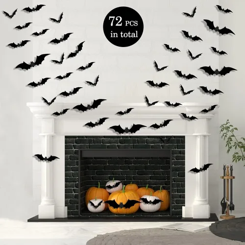 Vista 3 de 72 piezas de decoración de murciélagos 3D de Halloween, calcomanías de pared de murciélagos de pared aterradores, calcomanías de pared de 4 tamaños