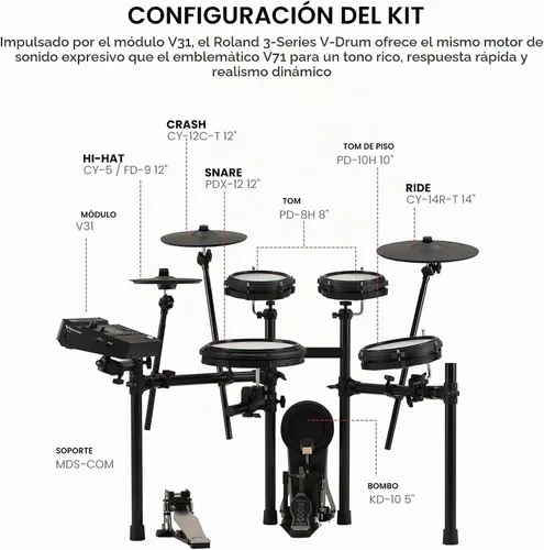Vista 7 de Roland TD313 V-Drums Electronic Drum Kit Bundle with Audio Cable, Drumsticks, Drumstick Bag, and Austin Bazaar Polishing Cloth 2-Paquete con baquetas