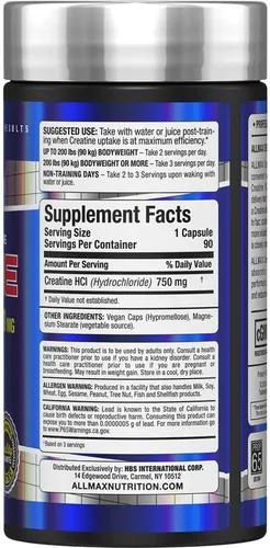 Vista 3 de ALLMAX Essentials Creatina HCL, 750 mg, 90 cápsulas