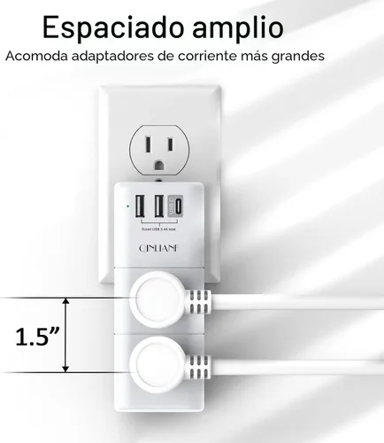 Vista 4 de QINLIANF - Extensor de tomacorrientes USB y protector contra sobrecargas, enchufe giratorio, tira de alimentación giratoria de 3 lados, divisor de 6