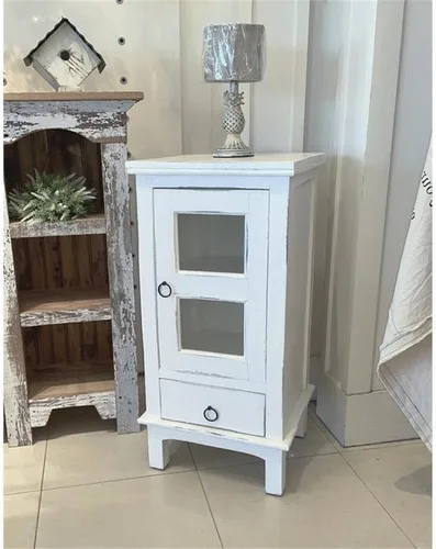 Vista 2 de Home Square Mesa auxiliar de madera de 1 puerta y mesita de noche en blanco envejecido - Juego de 2