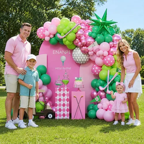 Vista 7 de Kit de arco de guirnalda de globos con agujero en uno para el primer Enana - 153 globos de color rosa y verde con palos de golf de estrellas