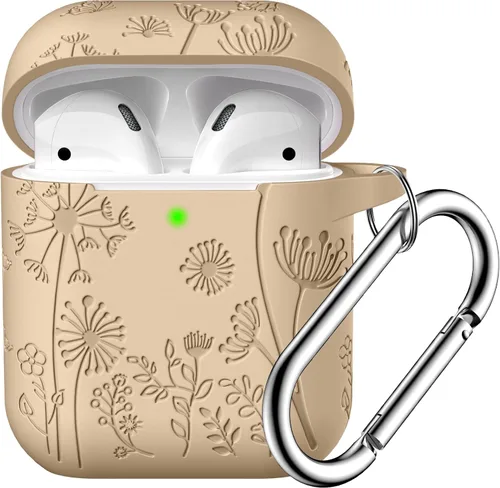 Vista 11 de Lerobo - Funda con grabado de flores para carcasa de AirPod, protector de silicona suave y elegante con llavero compatible con carcasa de carga