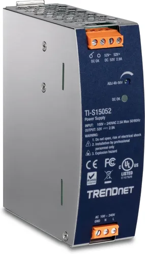 Vista 9 de TRENDnet Fuente de alimentación de riel DIN de CA a CC de 150 W, 48 – 56 V CC, 3.12 A CA a CC con función PFC, TI-S12048, capacidad de carga máxima