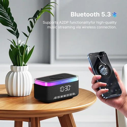 Vista 8 de Altavoz Bluetooth S300, altavoz portátil con carga inalámbrica de 15 W, luz nocturna de 13 colores, alarma, ruido blanco, radio, estéreo de 16 W