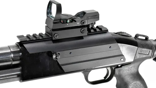 Vista 5 de TRINITY Riel Picatinny de longitud completa compatible con Mossberg 500 y Maverick 88 calibre 12 - Base de montaje de silla de montar estilo tejedor