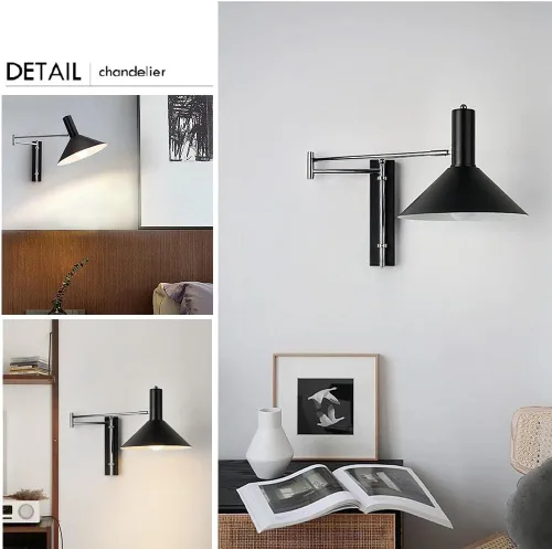 Vista 3 de Aplique de pared Bauhaus con brazo articulado, Aplique industrial cromado, luz de lectura ajustable para mesilla de noche, lámpara de metal moderno