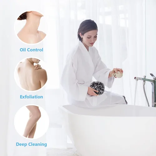 Vista 7 de VANZAVANZU Esponja de ducha grande de 2.82 oz de esponja de baño, puf de malla para hombres y mujeres, juego de 4 (negro con blanco)