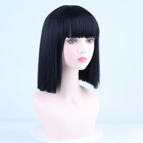 Vista 19 de Pelucas de disfraz de cosplay azul claro de 16 pulgadas para mujer, de 16 pulgadas, con flequillo lateral