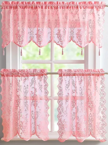 Vista 11 de LinenZone Cenefa de encaje transparente con 6 borlas y parte inferior festoneada para cocina, baño, comedor, sala de estar, dormitorio o sótano.