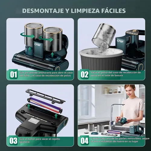 Vista 6 de CFBF Aspirador de cama de colchón con succión de 16Kpa y luz UV-C de Cian Oscuro