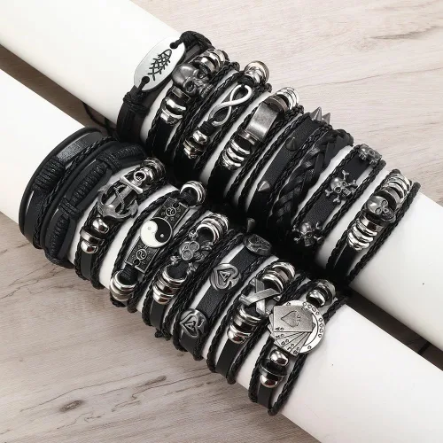 Vista 3 de 16 pulseras para hombres y mujeres, diseño de calavera trenzada negra infinita de Tai Chi, pulseras punk rock para uso diario