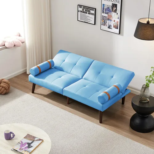 Vista 6 de HMFULE Sofá cama convertible con patas de madera maciza, tela de lino, moderno sofá futón tapizado ajustable para espacio de vida compacto, azul