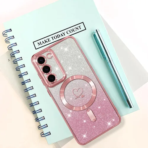 Vista 297 de Bonoma - Funda compatible con Samsung Galaxy S21 Plus, diseño de corazón con purpurina, color rosa Support for MagSafe, Plating Magnetic Case TPU