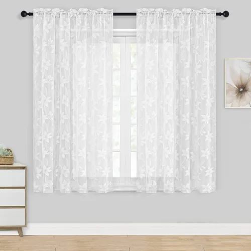 Vista 44 de DWCN Paquete de 2 cortinas traslúcidas pequeñas de encaje floral beige para cocina, cortinas traslúcidas ligeras con bolsillo para barra, cortinas