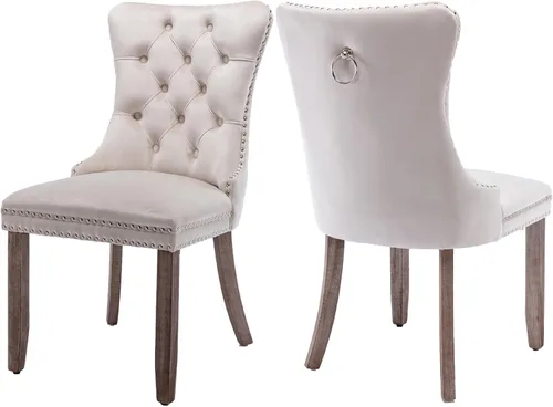 Vista 91 de Juego de 2 sillas de comedor de terciopelo, silla de comedor tapizada de alta gama con tirador de anillo en la espalda, adorno de clavos y patas