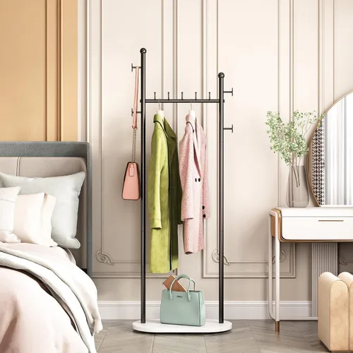 Vista 5 de DR.IRON Percheros de ropa negros con base de mármol, percheros modernos independientes negros con estantes para dormitorio, percheros resistentes