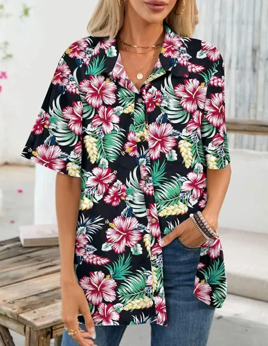 Vista 4 de LILYCHIC Camisas hawaianas de manga corta con botones suaves de verano para mujer