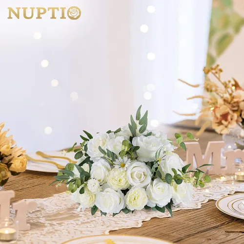 Vista 4 de [Usado] NUPTIO Centros de mesa de flores grandes para mesas: arreglo de bola de flores artificiales blancas de 17.7 pulgadas de diámetro para centro