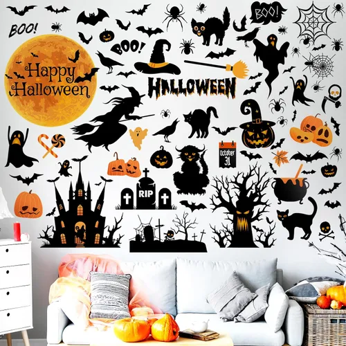 Vista 5 de Haull 6 hojas de calcomanías de pared de Halloween, calcomanías de pared reutilizables para ventana de Halloween, acuarela, bruja, murciélagos