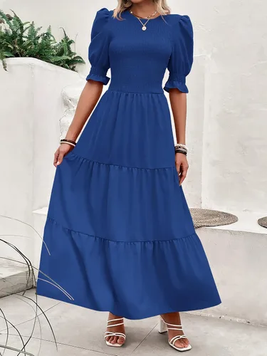 Vista 65 de BTFBM Vestidos para mujer, cuello redondo, casual, de verano, con volantes, manga corta, bohemio, con niveles, fruncido, largo, con estampado floral