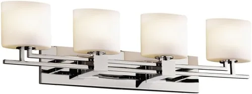 Vista 2 de Justice Design Group Fusion - Barra de baño con 4 luces, acabado negro mate con pantalla de vidrio artesanal de ópalo Mate negro
