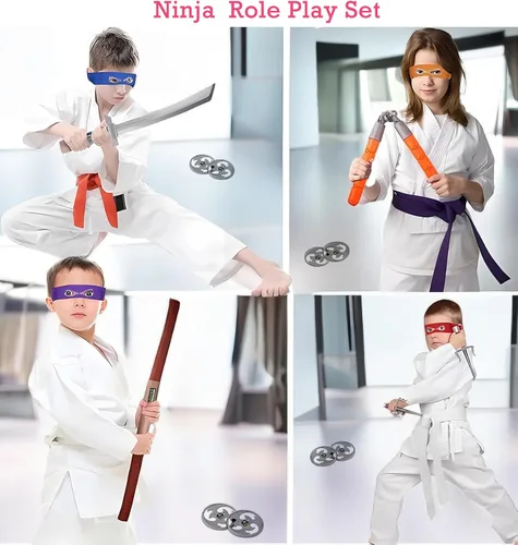 Vista 3 de Armas de juguete ninja, disfraz de concha de tortuga para niños, juego de rol para niños, disfraz de armas ninja para fiestas de niños