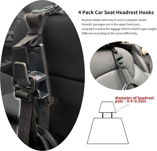 Vista 3 de Paquete de 2 ganchos universales para reposacabezas de automóvil, para interior de automóvil, asiento trasero y delantero, organizador para bolsos